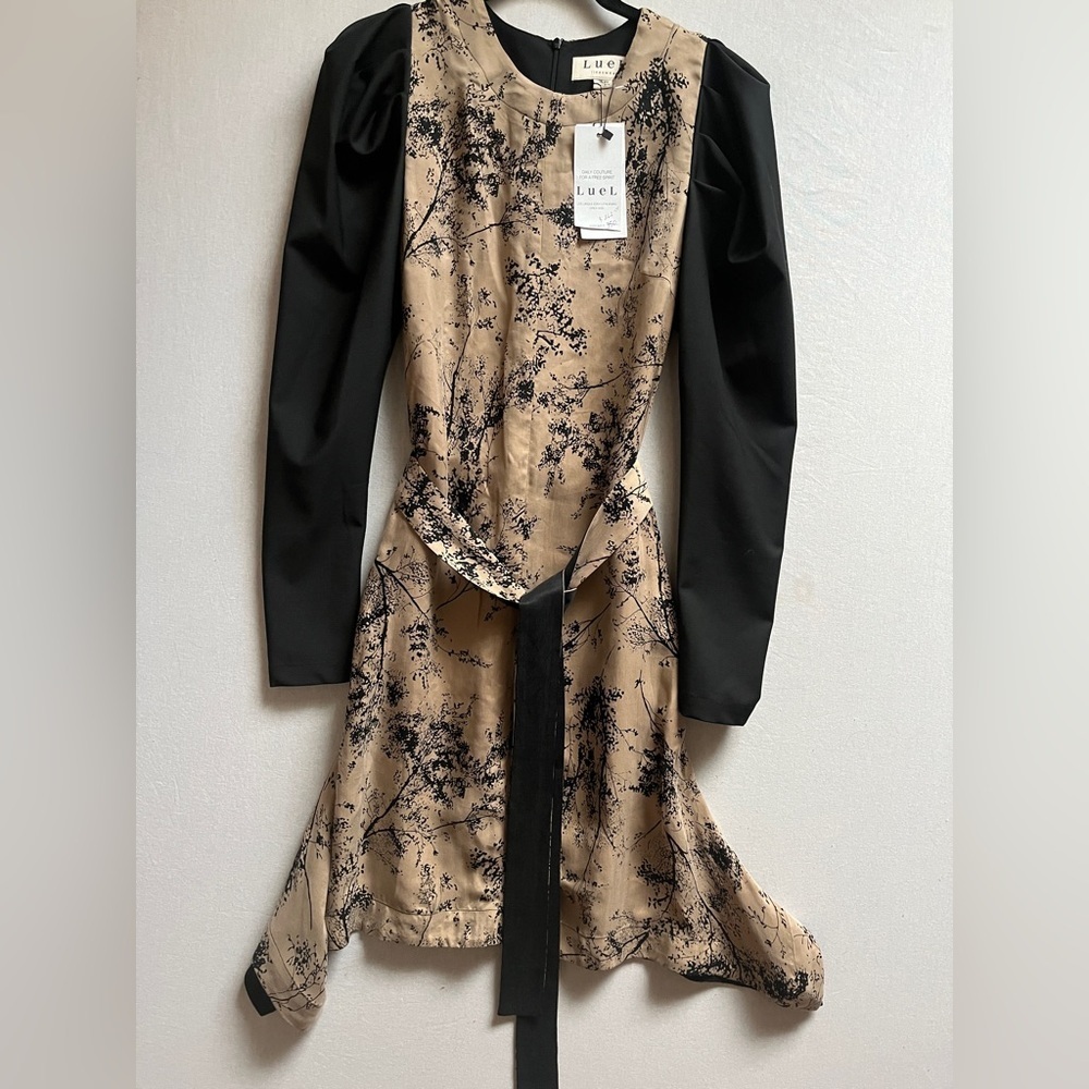 NWT Luel Floral Printed Long Sleeve Belted Mini Dress Tan Black Size 4 EU 36